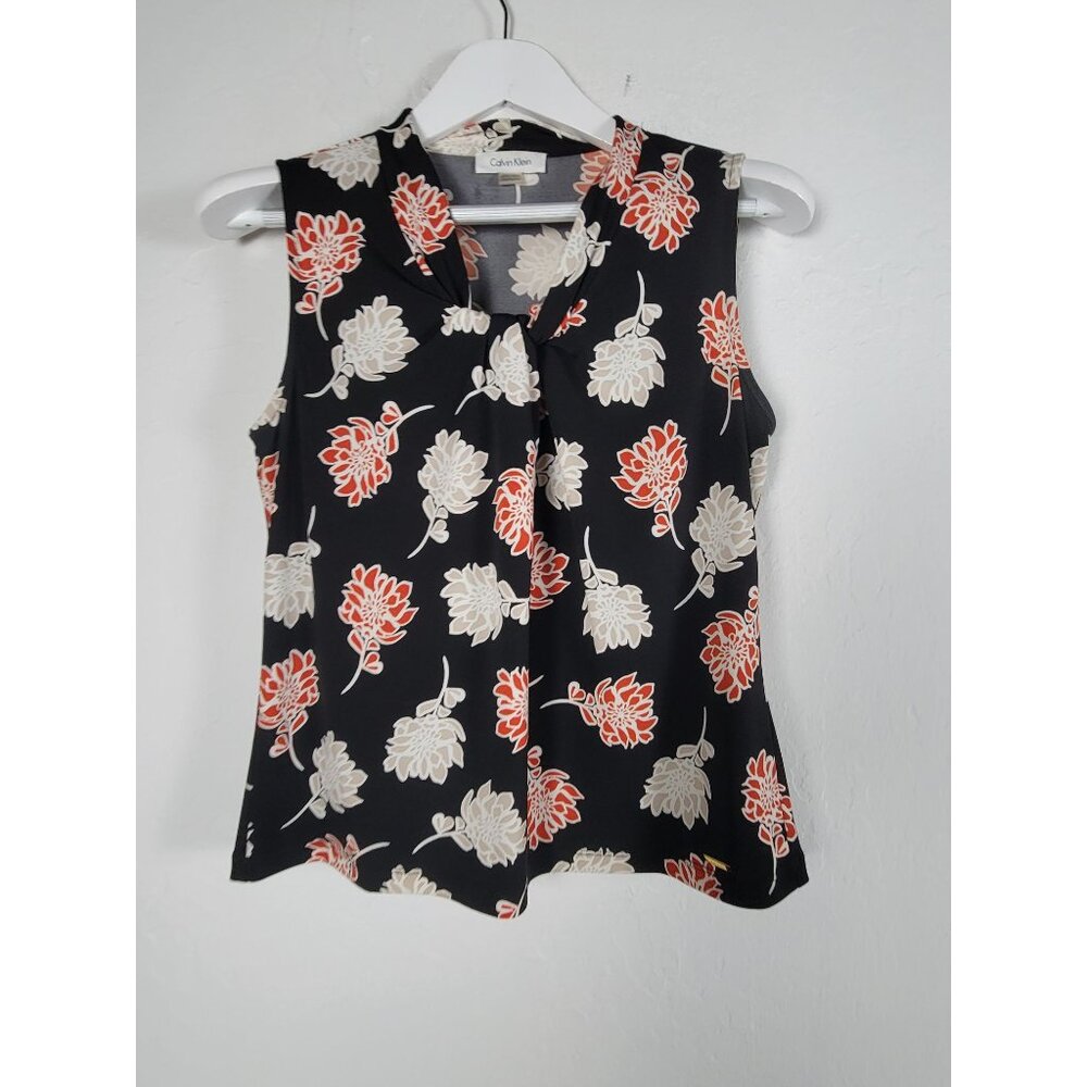 Calvin Klein Sleeveless Floral Print Knot Front Womens Top Blouse Size PM Casual